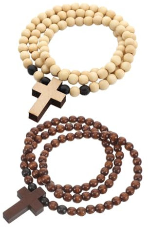 WRITWAA 2 Stück Holzkreuz Halskette Herren Leichtes Holzperlen Armband Modisches Hip Hop Schmuckstück Braun und Naturfarben Vielseitig Kombinierbar für Alltag und Besondere Anlässe