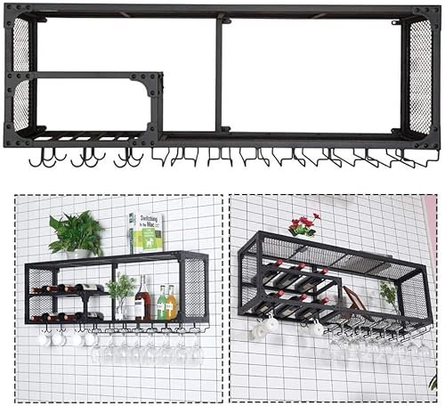 An der Wand montierter hängender Weinflaschen-Glashalter, Weinschrank mit hoher Kapazität und Metallgitter, Wandregale für Weingläser, Weinaufbewahrungshalter für die Bartheke - Schwarz, das neue