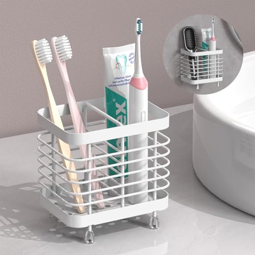 Luxspire Porta Cepillo de Dientes Baño, 10 * 8 * 10,5 cm Soporte de Cepillo de Dientes de Acero Inoxidable con Agujeros de Drenaje, Porta Pasta de Dientes de Pared Autoadhesiva o en Mesa, Blanco