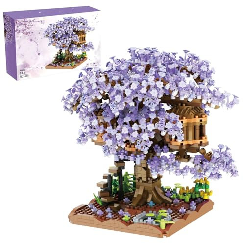Kirschblüten-Baumhaus, Kunststoff-Kirsch-Bonsai-Baum, zusammengebauter süßer Blumenbaum, DIY-Mini-Baustein-Sets für Erwachsene, 14+ Jugendliche (ohne Licht), lila Mini-Bausteine, Kirschblütenbaum, Che