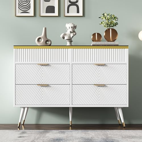 HYSZ Kommode Sideboard aus Bernstein Glas, Kommode mit 6 Schubladen,Facheinteilung, kippsicher, Hochschrank für Schlafzimmer und alle Wohnräume, 120 x 40 x 76 cm, weiß