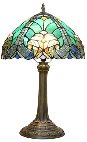 Blivuself Tiffany Lampe Grün Liaison Stil Glasmalerei Tischlampe W12H18 Zoll Antike Tischlampe Metall Basis Schreibtisch Leselicht für Wohnzimmer Schlafzimmer Bar Kunsthandwerk