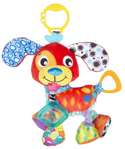 Playgro Activity Friend Penny Puppy – Giochino sensoriale per neonati 0+ mesi, cagnolino con clip per passeggino, culla o seggiolino auto