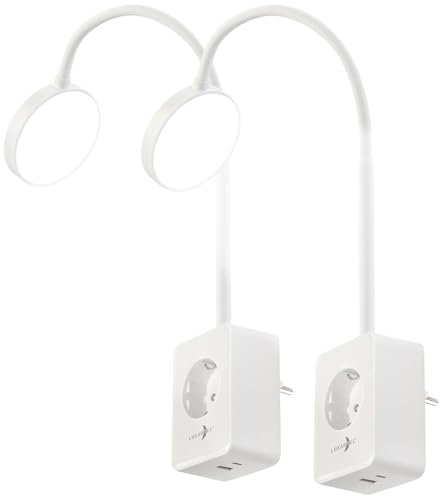 Lunartec Steckdosenleuchte: 2er-Set Dimmbare CCT-LED-Steckerleuchten mit Steckdose, weiß (Steckdosenlampe Schwanenhals, Schwanenhals-Steckdosenleuchte, Netzteil)