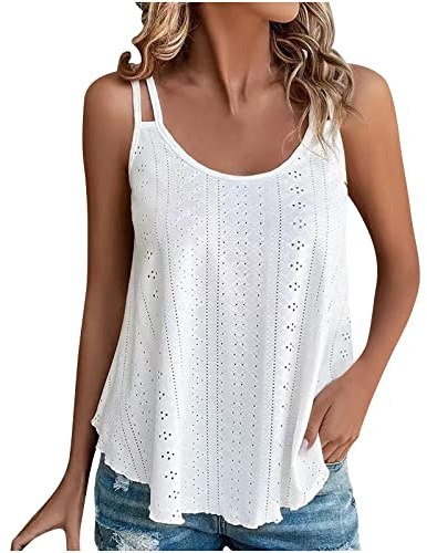 NZYIHAO Débardeur pour femme - Bretelles spaghetti - Sans manches - Haut d'été décontracté - Avec œillet brodé - Grandes tailles - Long - Léger - Col rond - Chemisier ample, #01 Blanc, XXXL