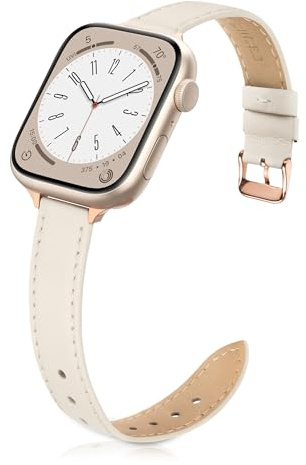 Tuocal Schmal Lederarmband Kompatibel mit Apple Watch Armband 38mm 40mm 41mm 42mm(Series 11 10), Schlank Echtes Leder Armband für iWatch Series 11 10 9 8 7 6 5 4 3 2 1 SE Damen Elfenbein & Roségold