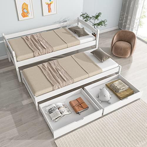 sogesfurniture Tagesbett Schlafsofa 90x200 cm, Holz Multifunktionsbett mit ausziehbarem Bett 90x190 cm, 2 großen Schubladen, Schiebebett mit Rollen unten, Lattenrost, Ohne Matratze