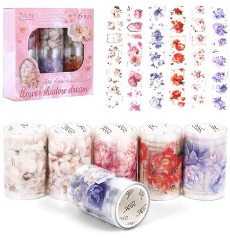 6 Rollen Floral Washi Tape Set, Vintage Washi Sticker Rolle Rub on Scrapbook Zubehör Set Blumen Glitzer Washitape, Journaling Zubehör für Scrapbooking Bullet JournalZubehör Kunsthandwerk Geschenke DIY