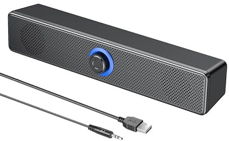 Enceinte PC USB Filaire – Barre de Son pour Ordinateur, TV et Tablette – Haut Parleur Stéréo avec Port Jack 3,5 mm – Enceinte de Bureau Gaming avec Contrôle de Volume