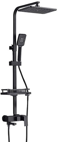 OWJHE Asta doccia 120 cm con soffione doccia – Set completo in acciaio inox con termostato per aria condizionata calda e fredda, ideale per doccia da giardino e doccia esterna (nero – 3 livelli)