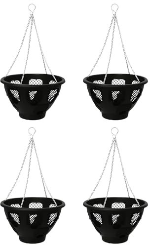 Muddy Hands Pack of 4 - Large 14 Easy Fill Hanging Baskets - Outdoor Garden Balcony Hangers Black Plastic Flower Herb Plant Pots Planters