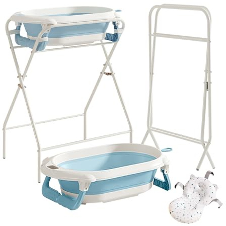 UBRAVOO Bañera para bebé con soporte, bañera plegable para bebés con termómetro y cojín de baño, cojín ergonómico y orificio de drenaje, duradero, ideal para recién nacidos y bebés de hasta 36 meses