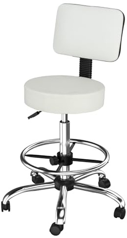 Bonnlo Round Rolling Stool with Wheels - Height Adjustable Swivel Stool with Backrest and Footrest - for Salon Massage Home Kitchen, White