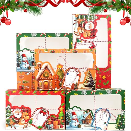 fiintrwa 15 Stück Kraftpapier Geschenkboxen Weihnachten Keksboxen mit Fenster und Tags Süßigkeitskästen Weihnachts Kekskästen Boxen Geschenk-Verpackung für Bäckerei Weihnachten Party (Stil B)