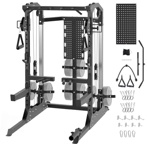 GarveeLife Power Cage, 2000 LB Squat Rack with Dual Pulley Cable Crossover, Multi-Function Home Gym Power Rack with Attachments, Full Body Strength Training Equipment for Home