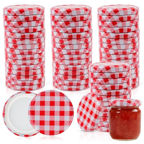 CAIYUANGUANGJIN 60Pcs Iron Jam Jar Lids, 59mm Jam Jar Covers Replacement Canning Lids, Decorative Gingham Canning Caps for Glass Preserve Marmalade and Mason Meal Prep Storage