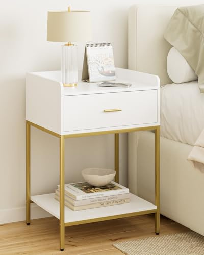 HEYZOEY Mesita de noche blanca, de 3 niveles, moderna, pequeña, con cajón y estante para dormitorio, salón, color blanco con patas doradas (grande)
