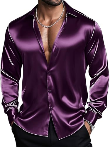 Barry.Wang Silk Shirts Men's Satin Button Down Stretch Luxury Shiny Prom | Stretch Solid,Shiny Satin,Long Sleeve,Button Up,Dress,Formal,Casual,Business Shirts,70s,Disco Party, Nightclub,Prom Party