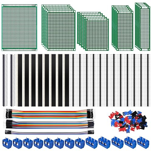 Miuzei 151 Stück PCB Board Kit, 21 Doppelseitige Lochrasterplatinen, 22 Stiftleisten, 13 Schraubklemmen, 35 Kabel Steckbrücken, Kompatibel mit Arduino für DIY Elektronik-Projekte