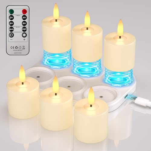 JVURICE 6er-Magnetisch aufladbare LED-Teelichter mit Ladestation, 100+ Std | Akkulaufzeit, 2,25h Schnellladung, Wiederaufladbare Teelichter Warmweiß Flackernd Timerfunktion für Laterne & Tischdeko