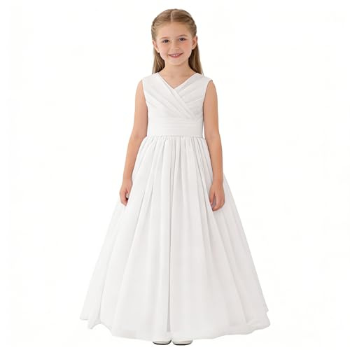 Dinopjs Vestido largo de gasa para niños, estilo bohemio, sin mangas, vintage, elegante, líneas A, vestidos de comunión, bodas, damas de honor, princesa, vestido de tul para niñas, 8-14 años., Blanco