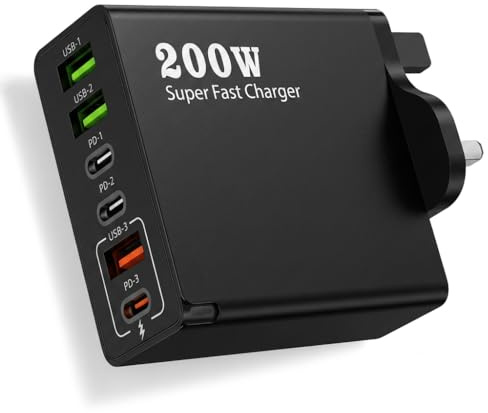 200W USB C Charging Station, 6 Port Fast Charger Plug with PD 100W GaN III | Multi USB C Charger Hub for Mac Book, De ll, Steam De ck, Phone 16/15/14 Pro, iP ad, Gala xy, Laptop, Travel
