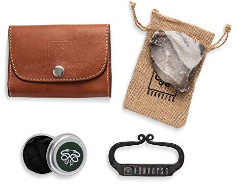 KonvoySG Hand-Forged Carbon Steel Fire Striker Kit – Includes English Flint, Char Cloth, Jute Tinder Bag & Leather Gift Pouch (Coyote Brown) – Bushcraft/Survival Fire Starter