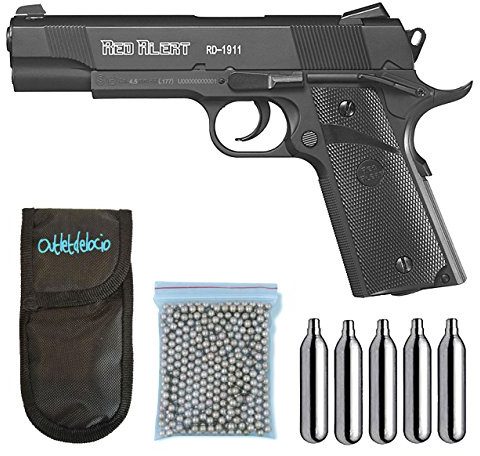Outletdelocio Pistola Perdigón Gamo Red Alert RD-1911. Calibre 4,5mm BBS, Funda Portabombonas, Balines y Bombonas co2, 23054/29318/13275