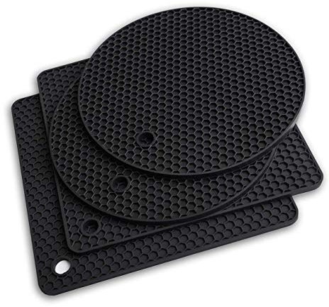 Extra Thick Silicone Trivet Mat Heat Resistant Multi-purpose None slip Table Place Mats for Hot Pots Holder, Pads, Pans, Dishes, Spoon rest, Coasters for Kitchen Cooking & Dining(4pcs Pack) (Black)