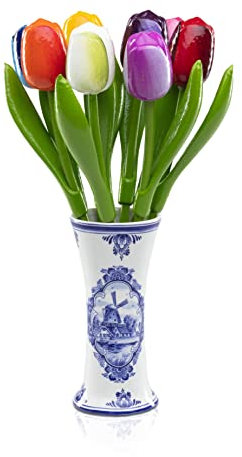 MomoMoments: Bouquet di tulipani in legno in vaso di ceramica olandese 9 tulipani in legno alti 35 cm, dipinto a mano, regalo Made in Holland