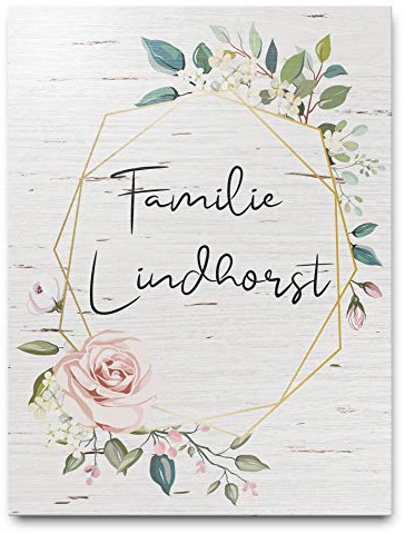 Sehr schönes Holzschild mit Namen und Blumen | Ideal als Türschild für die Familie/Paare Wunsch-Beschriftung mit modernem wetterfestem UV Druck für die Haustür Wohnungstür