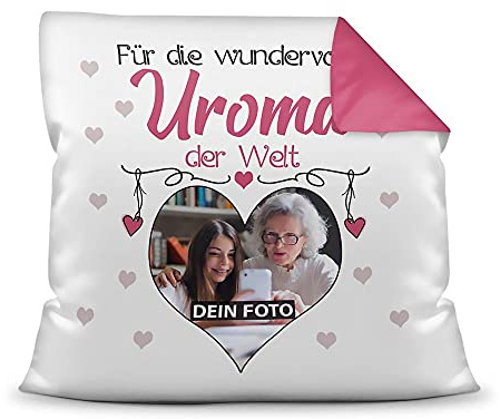 Print Royal Fotokissen mit Füllung für die Wundervollste Uroma zum selbst Gestalten - Hochwertige Kissenhülle mit Reißverschluss, Rückseite Pink, 40 x 40 cm