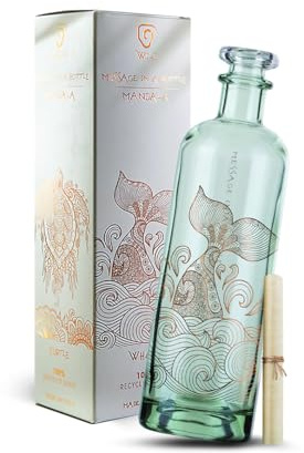 Wild® - Message in a Bottle | Bottiglia in vetro 100% riciclato con tappo a vite | Linea Mandala - Whale | Elegante bottiglia di design da tavola per acqua | Ecosostenibile e Green