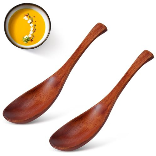 Cyrank 2 Stück Holzlöffel, Esslöffel Suppenlöffel aus Holz, Japanischen Ramen-Suppenlöffel, Japanischer Suppenkelle Mit Griff, 6,1 Zoll, kurzer Griff, Tafellöffel, Küche, Kochen, Verkostung