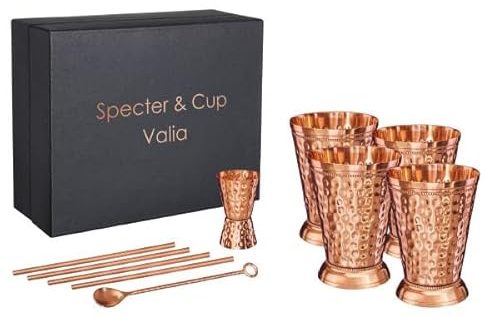 Specter Kupferbecher Valia 4er Set 350ml mit Zubehör, 100% reines Kupfer, Cocktailbecher, Barset