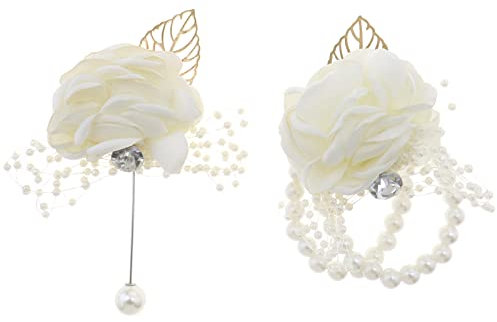 YINETTECH Ansteckblume für Handgelenk, Ansteckblume für Hochzeit, Party, Abschlussball, Braut, Seide, Braut, Bräutigam, Rose, Boutonniere, Hochzeitsarmband, Handblumen, Weiß, 2 Stück