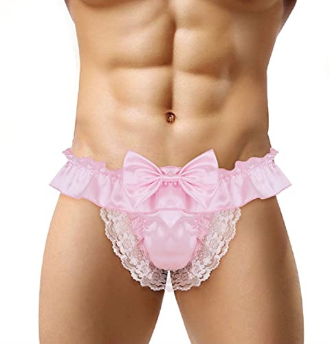 Men Stain Underwear Frilly Sissy Thongs French Maid Panties Ruffled Underpants Sexy Bow-knot Briefs Gay Lingerie Cross-dressing Low Rise Panties Lace Knickers T-line Triangle Jockstrap Bulge Pouch