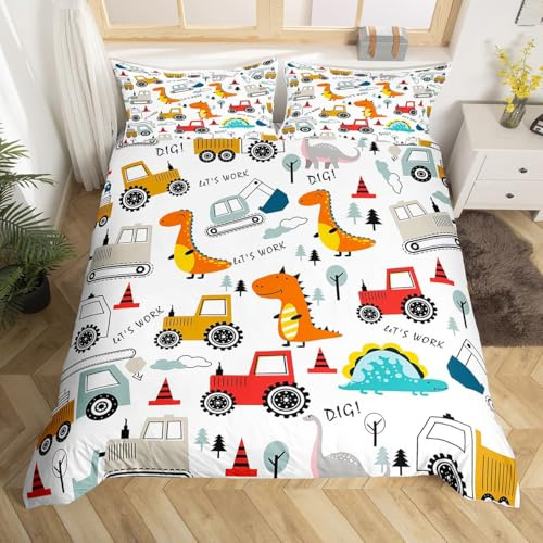 Construction Bedding Set Kids Cartoon Dinosaur Comforter Cover Set for Boys Equipment Trucks Duvet Cover Construction Vehicles Kawaii Jungle Dino Bedspread Cover Room Decor Quilt Cover Queen Size