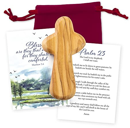Olive Wood Memorial Cross From Holy Land of Jerusalem - Handheld Pocket Cross for Prayer & Meditation - Wooden Christian Gift for Men & Women (Small)
