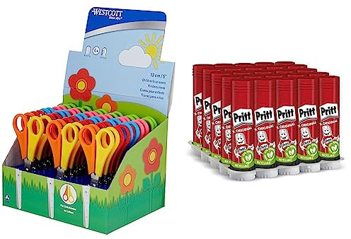 Westcott E-2150S Kinderschere für Rechts- und Linkshänder, 13 cm, runde Spitze, 30 Stück, Maß 5 cm & Pritt Klebestift, gr. 11 (25 pack)