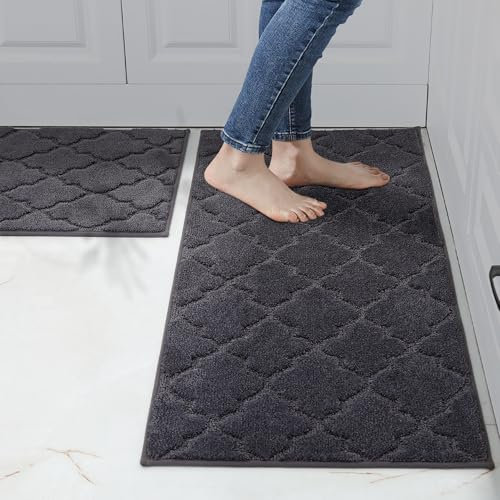 COSY HOMEER Küchenteppich 2 Stück, Teppich Küche Waschbar rutschfest, Küchenläufer, Teppichläufer Flur, Teppich Läufer für Küche, Flur, Wohnraum (50 x 75 cm + 50 x 120 cm, Dunkelgrau)