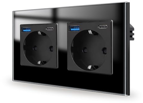JIMEIDA Doppelsteckdose Glas mit USB 20W Schnelles Laden in Schwarz Unterputz,2 Fach 16Amp Steckdosen mit USB A und Type C max.3.1A,157 * 86mm,250V