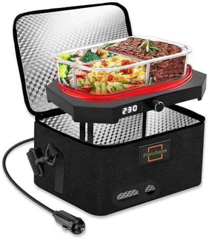Forchens Horno de Microondas Portátil 12V 24V para Coche, Camión - Pantalla Digital de Temperatura Ajustable, Mini Lonchera Eléctrica