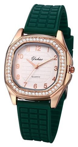 JewelryWe Uhren Damen Silikon Quadratisch: Vintage Analog Quarz Armbanduhr Frauen Grün Silikon Armband Sport Uhr Damenuhr mit Glitzer Zirkonia Diamant Rechteckigem Zifferblatt