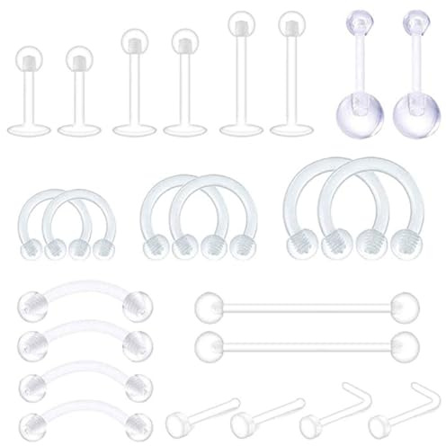 BZKSER retainers - 24 pcs Durchsichtige Plastik Cartilage Helix Tragus Piercing Körperschmuck Piercing Retainer Flexible Kunststoff Nasenseptum Lippe Augenbrauenringe Mix Retainers Set,Mehrzweck
