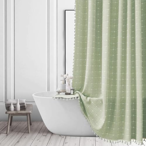 ggaimwf Stoff Duschvorhang Leinen-Mischgewebe Quasten Boho Landhaus Grün | Wasserabweisende Oberfläche. Weicher Fall. Maschinenwaschbar. Für ein gemütliches Bad. Haken inklusive. Mehrere Größen
