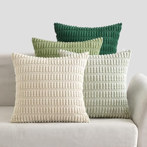 EMEMA Kordsamt Kissenbezüge 4er Set Dekorative Sofakissen Moderne Kissenhüllen 45x45 cm Dekokissen Weicher Zierkissenbezug für Wohnzimmer Sofa Schlafzimmer Grün Serie