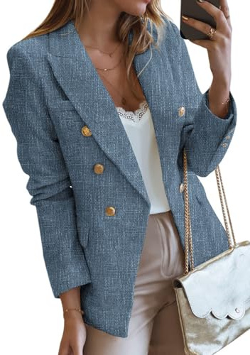 Happy Sailed Blazer for Women Classic Double Breasted Lapel Collar Tweed Blazer Jackets Open Front Cardigan Bussiness Casual Office Blazers Fall Outfits for Work Dark Blue Medium