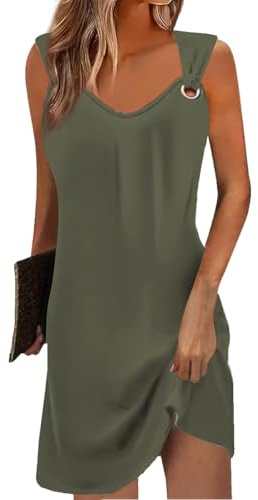 Yeenily Robe Femme Col en V sans Manches Décontractée Plage Robes Chic et Elegant Été Couleur Unie Mini Longue Tunique Robe (Vert, M)