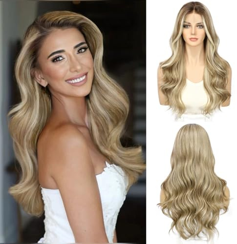Sapphirewigs Blond Spets Främre Peruk 33 x 4 Syntetisk Kropp Våg Höjdpunkt Blond För Daglig Användning Party Dejt Julkläder 50 cm